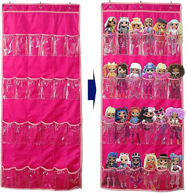 Hanging Over Door Toy Storage Organizer with 24 Clear View Pockets, Ideal for Lol Omg Dolls Barbie Dolls Surprise Doll, Cars and More Collectibles‘s Storage, Best Gift for Girls (Pink)