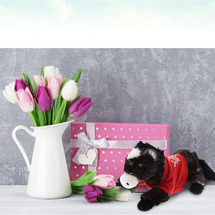 DolliBu I Love You Valentine Plush Lying Black Horse - Cute Stuffed Animal with Red Shirt and Name Personalization Gift for Valentines Day, Birthday, Anniversary - 10.5 Inches