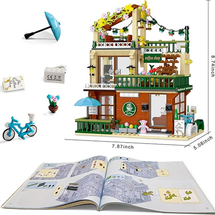3 in 1 Coffee House Building Set with Light, 875 PCS City Cafe Shop Building Block Toy Architecture Construction Model for Adults Teens Kids Boys Girls Ages 8-12+