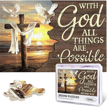 Christian Jigsaw Puzzles 1000 Pieces for Adults, Ocean Cross & Matthew 19:26 with God All Things are Possible, Inspirational Beach-Themed Wooden Puzzle, Faith-Based Gift