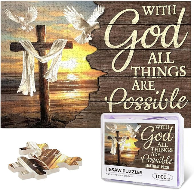 Christian Jigsaw Puzzles 1000 Pieces for Adults, Ocean Cross & Matthew 19:26 with God All Things are Possible, Inspirational Beach-Themed Wooden Puzzle, Faith-Based Gift