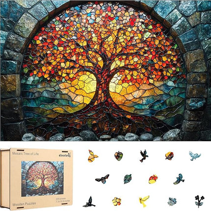 Wooden Puzzles for Adults, Mosaic Tree of Life Jigsaw Puzzles 200pcs Unique Shape Adult Puzzles, Irregular Creative Gift for Family Game (10.9 * 7.3 in)
