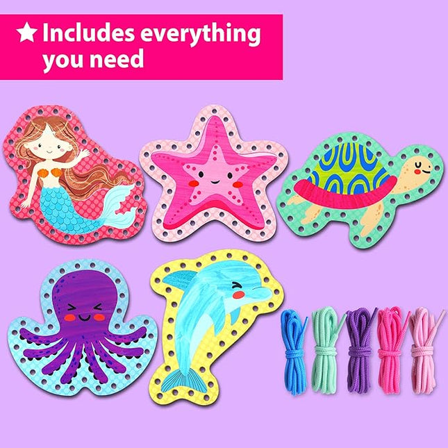 KRAFUN Beginner Mermaid Lacing Card Kit for Kids Arts & Crafts, 5 Easy Mermaid, Animal Lacing Projects, Paper Lace Cards for Toddlers, Fine Motor Preschool Skills Toys