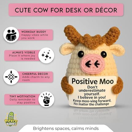 Positve Moo - Emotional Support Crochet Dolls Positive Crochet Animals Gifts Emotional Support Plush for Anxiety & Stress Relief Crochet Positive Cow Desk Decor