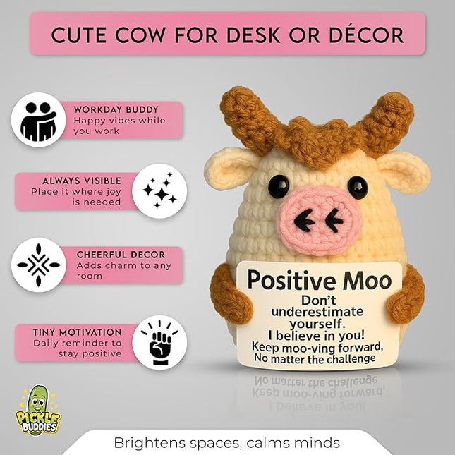 Positve Moo - Emotional Support Crochet Dolls Positive Crochet Animals Gifts Emotional Support Plush for Anxiety & Stress Relief Crochet Positive Cow Desk Decor