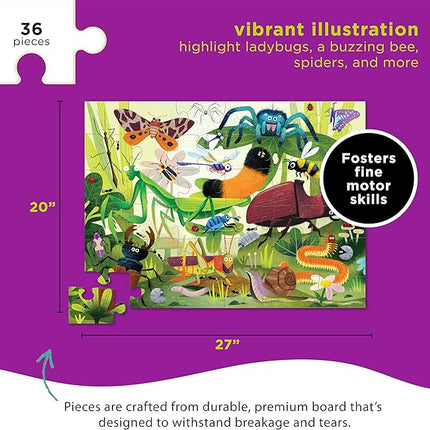 Crocodile Creek 36-Piece Jigsaw Floor Puzzle - Fun Floor Puzzles for Kids Ages 3-5 - Heavy-Duty Shaped Box for Storage - Backyard Bugs - 24" W x 18" H Finished