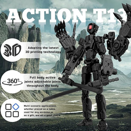 5.5Inch T13 Action Figure Assembly Completed, T13 3D Printed Action Figure Multi-Jointed Movable Robot Set,Collectors Desktop Decorations for Game Lovers Toys (Black)