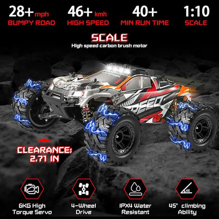 1:10 Large Brush RC Car for Adults, Fast Remote Control Car, 28+ MPH Rc Hobby Truck with Headlights, All Terrain 2.4Ghz Electric Hobby Rc Cars, 4WD Off Road Monster Truck for Adults - Red
