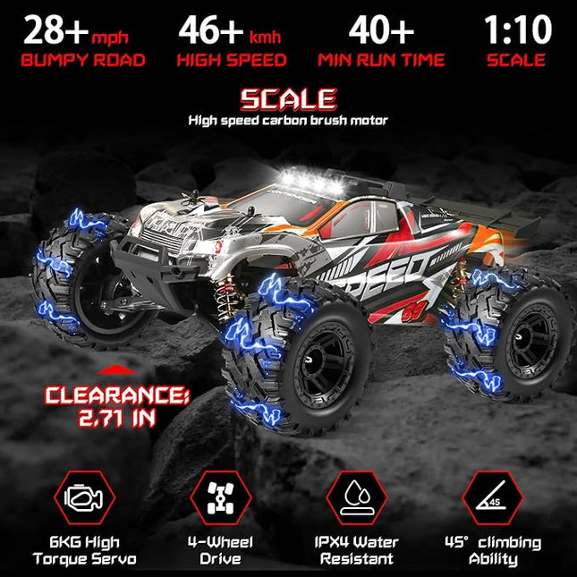 1:10 Large Brush RC Car for Adults, Fast Remote Control Car, 28+ MPH Rc Hobby Truck with Headlights, All Terrain 2.4Ghz Electric Hobby Rc Cars, 4WD Off Road Monster Truck for Adults - Red