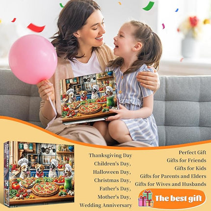 Funny Dog Pizza Jigsaw Puzzle, 1000 Piece Puzzle for Adults, Food Kitchen Jigsaw Puzzle, Animal Pet Lover Challenging Puzzles, Home Decoration Puzzle, Interlock Perfectly No Dust