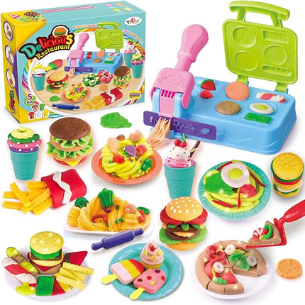 Burger Barbecue Color Dough Sets,Play Food Modeling Dough Kitchen Creations Toys,21 Play Kitchen Accessories,Color Dough Set for Kids Ages 4-8, 5 Colors, Preschool Color Dough Cooking Toy