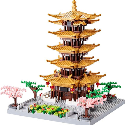 Chinese Ancient Famous Architecture Micro Building Blocks Set for Adults Yellow Crane Tower with Sakura Tree Cherry Plants, Toys for Kids Age of 14+ 2200 pcs