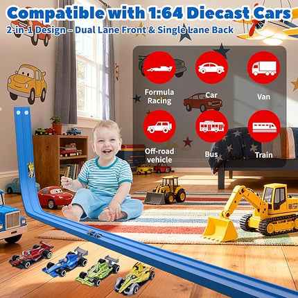 15 Ft Flexible Race Car Track for Kids, Double-Sided Racetrack with Suction Cups, Compatible with Hot Wheels & 1:64 Diecast Cars,Portable Roll Up Track Toy,Gift for Boys Girls Ages 3+ (Blue)