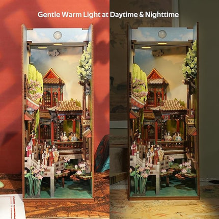 Tonecheer DIY Book Nook Kit for Adults, Wooden 3D Puzzle Bookend Bookshelf Insert Decor, Chinese Booknook Miniature House Kit with Dust Cover and Body Motion Sensor LED Light (Dream of Red Mansions)