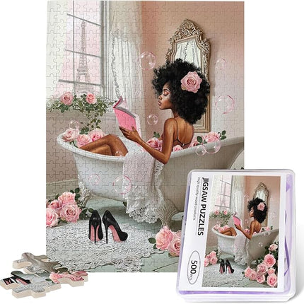 African American Jigsaw Puzzles 500 Pieces for Adults, Bath Time Reading Scene, Black Woman Wooden Puzzle for Stress Relief, Challenging Brain Teaser & Home Decor