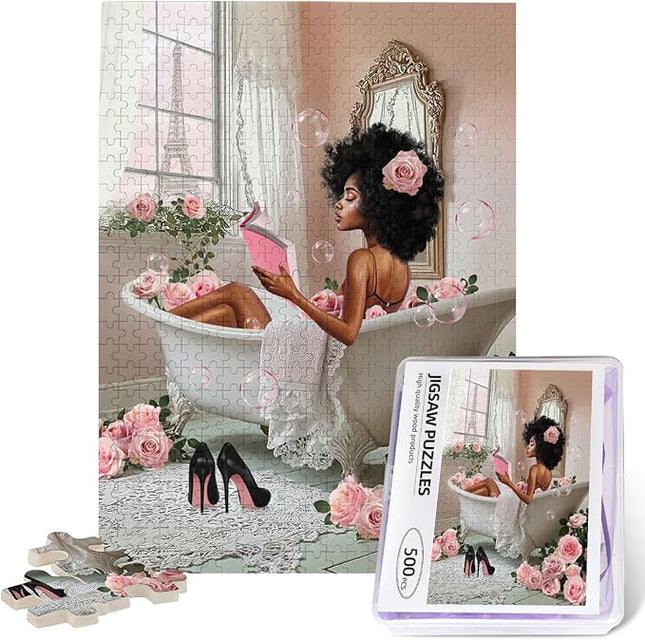 African American Jigsaw Puzzles 500 Pieces for Adults, Bath Time Reading Scene, Black Woman Wooden Puzzle for Stress Relief, Challenging Brain Teaser & Home Decor
