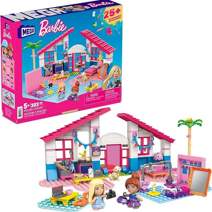 MEGA Construx Barbie Kids Building Toy Set, Malibu House with 303 Pieces, 2 Micro-Dolls, Furniture and Accessories, Ages 5+ Years
