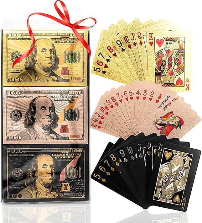 Magic Kiss Waterproof Foil Poker Playing Cards, Deck of Plastic Playing Cards Gift (3 Decks (Gold + Rose Gold + Black))