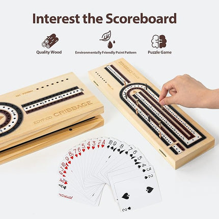 Cribbage Board Game Set, 3-Track Premium Wooden Cribbage Board with Magnetic Lock & Large Storage, 9 Metal Pegs, 2 Decks of Playing Cards - Classic Board Games for Adults Family (Instruction Include)