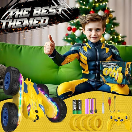 Remote Control Car,RC Cars with Sides Light Strip and Headlights,Double Sided 360 Flips Rotating RC Stunt Car,2.4Ghz All Terrain Toys for Ages 4-6 Kids Toy for Boys Girls Birthday Gift(Yellow)