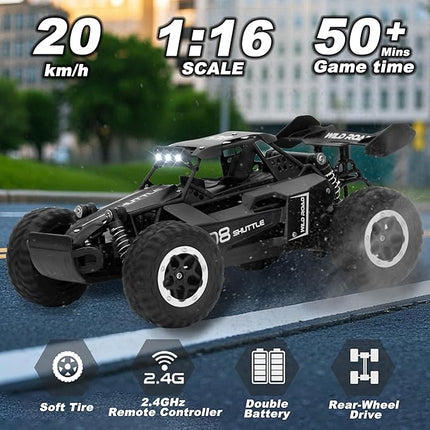 Remote Control Car RC Cars 1:16 All Terrain Monster Truck LED Headlights, Outdoor 2WD Off Road Hobby RC 2.4GHz High Speed, 20Km/h RC Car Toys Gift for Kids Boys 3 4 5-12 (Black)