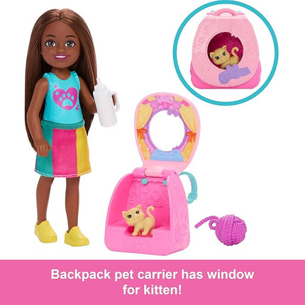 Barbie Family & Friends Playtime Kitty Backpack Brunette Chelsea Doll and Accessories, Including Backpack with Kitten, Bottle, and Yarn