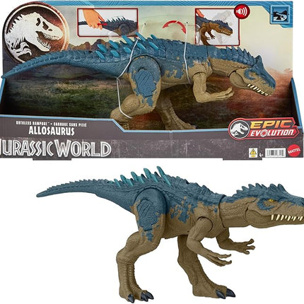 Mattel Jurassic World Ruthless Rampagin Allosaurus Dinosaur Toy, Action Figure with Continuous Chomp Attack & Roar Sounds, Button Activated Evolved Battle Spikes