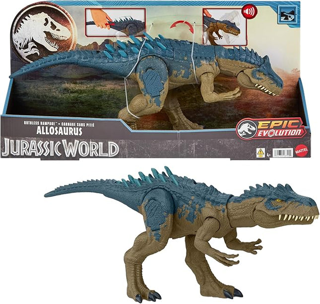 Mattel Jurassic World Ruthless Rampagin Allosaurus Dinosaur Toy, Action Figure with Continuous Chomp Attack & Roar Sounds, Button Activated Evolved Battle Spikes