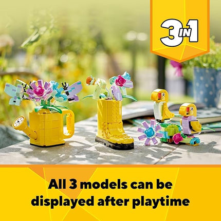 LEGO Creator 3 in 1 Flowers in Watering Can Building Toy Set - Fun, Creative Activity for Kids, Girls and Boys, Ages 8+ - Options to Build Rain Boots or Birds - 31149