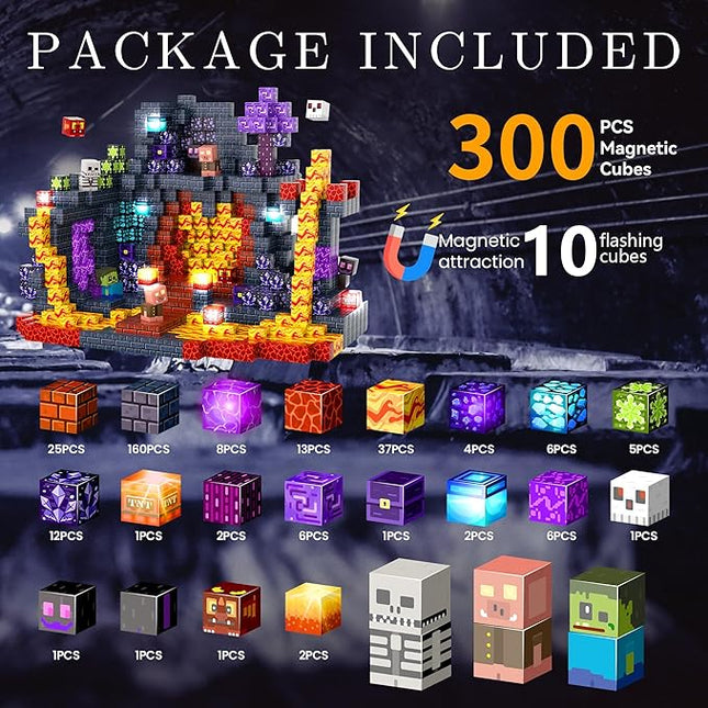 Magnetic Tiles Building Blocks for Kids Ages 3+, STEM Toys for Toddlers, 300PCS Magnetic Construction Set with Storage Bag, Educational Birthday Gifts for Boys & Girls (Mine)