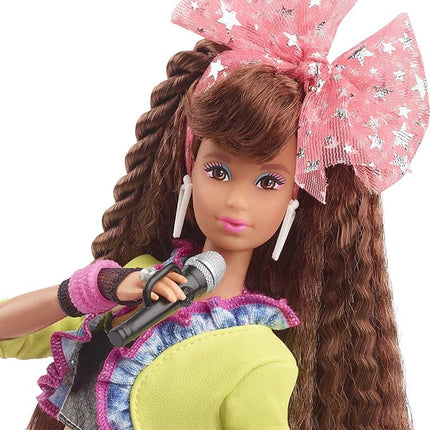 Barbie Rewind 80s Edition Dolls’ Night Out Doll, Brunette in Party Look Featuring Neon Jacket, Skirt & Accessories with Cassette Tape Doll Stand