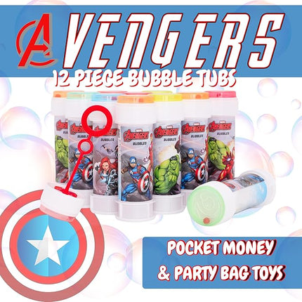 Toyland® Pack of 12 Avengers Bubbles with Wands, 2fl oz Solution & Novelty Maze Lid - Pocket Money & Party Bag Toys
