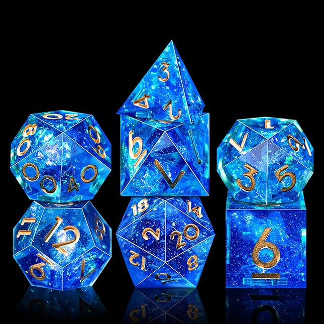 AUSTOR 7-Die DND Dice Set Handmade Sharp Edge Polyhedral Dice for Dungeons and Dragons D&D RPG MTG Table Games（Blue & Gold）