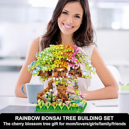 Cherry Blossom Building Set, 1345 Pcs Japanese Sakura Tree House Micro Block Toy, STEM Creative Rainbow Bonsai Tree House Building Flower Set, Friendship Treehouse for Adult, Kid