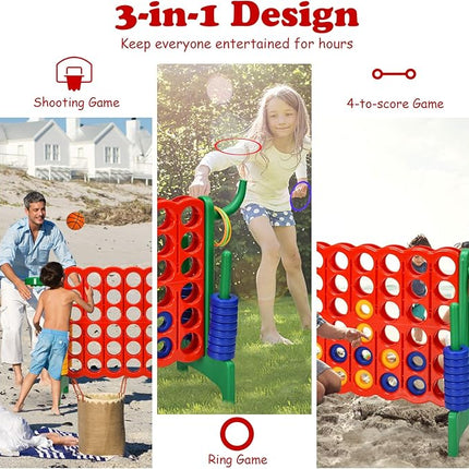 Costzon Giant 4-in-A-Row, Jumbo 4-to-Score Giant Game w/Basketball Hoop, Ring Toss, Quick-Release Slider, 42 Jumbo Rings, Indoor Outdoor Family Connect Game for Kids & Adults, Backyard Games, Green