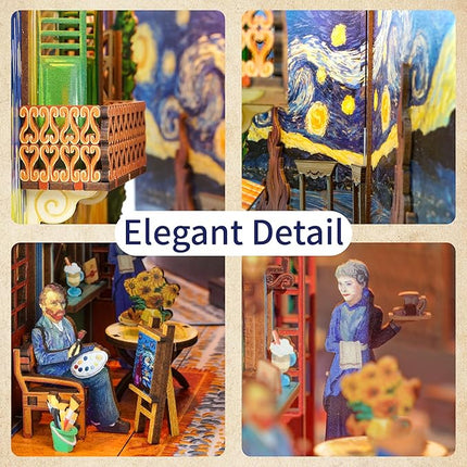 Tonecheer DIY Book Nook Kit for Adults,3D Wooden Puzzle Bookend Bookshelf Insert Library Decor, Booknook Miniature House Kit with Body Motion Sensor LED Light (Vincent's World)