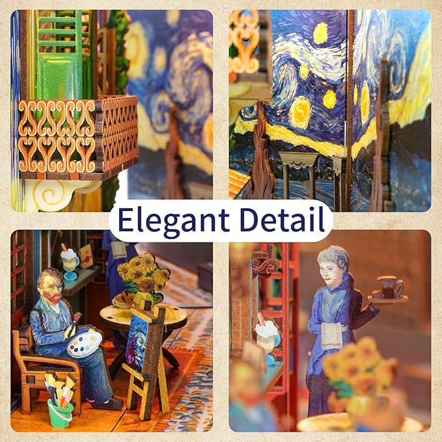 Tonecheer DIY Book Nook Kit for Adults,3D Wooden Puzzle Bookend Bookshelf Insert Library Decor, Booknook Miniature House Kit with Body Motion Sensor LED Light (Vincent's World)