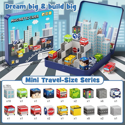 City Traffic Magnetic Blocks Set,Child-Safe STEM Toys with Fully Encased Magnets Non-Toxic & Choking-Proof Travel Learning Gift for Ages 3-8 Car/Airplane Toddler Toy Birthday (49 PCS)