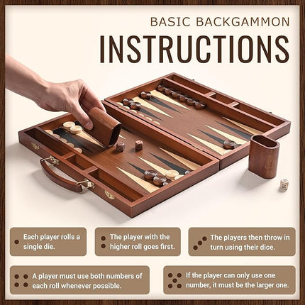 ropoda Sapele Wood Backgammon Board Game Set (15 Inches) for Adults and Kids - Classic Board Strategy Game - Portable and Travel Backgammon Set with Wooden Playing Pieces and Accessories