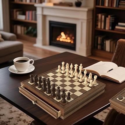 Premium Natural Walnut 13" x 13" Magnetic Wooden Chess Set with 1 Built-in Storage Drawers - 2 Bonus Extra Queens - 24 Checkers Pieces - Staunton Chess Pieces, Board Games Chess Sets