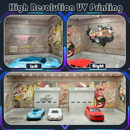 1/64 Scale Cars Display Case: Toy Car Parking Garage with LED Light Compatible with Hot Wheels, FoamBoard Storage Display for Matchbox with Acrylic Cover (Graffiti Wall 1986)