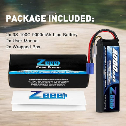 Zeee 3S 9000mAh Lipo Battery 11.1V 100C EC5 Connector with Metal Plates Soft Case RC Battery for RC Car Truck Tank Racing Hobby Models (2 Pack)