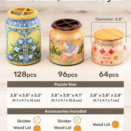 PieceRelax 3D Puzzle Jar 64 Plastic Pieces for Adults - Sweetness of Strawberry Wooden Lid Container for Kitchen Dining Study Living Room No Glue Requied Small [BC1026]