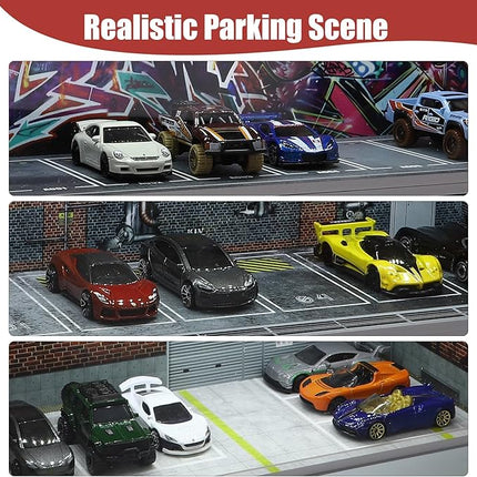 Display Case for Hot Wheels: Stackable Parking Garage for 1/64 Scale Matchbox Toy Car, FoamBoard Storage for Monster Trucks with LED Light and Acrylic Cover, Graffiti Wall