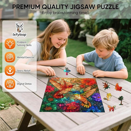 Glass Hummingbird Wooden Puzzles, 200 Pieces Jigsaw Puzzles 11.2 x11.2 inch, Unique Design Wooden Puzzles for Adults and Kids, Family Game Gift