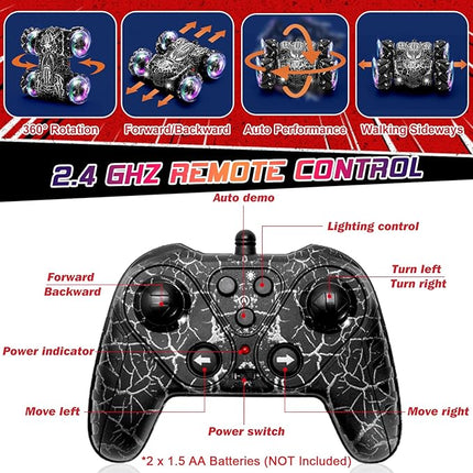 Hand Controlled Remote Control Car, 2.4Ghz Gesture Sensing RC Stunt Car with Wholebody Light & Headlight, Rechargeable 360° Rotating Double Sided RC Cars Black Spider Toys for Boys 4-6 5-7 8-12