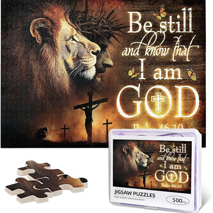 Christian Jigsaw Puzzles 500 Pieces for Adults, Be Still and Know That I Am God Bible Verse with Lion, Religious Wooden Puzzle for Stress Relief, Faith-Based Gift & Wall Decor
