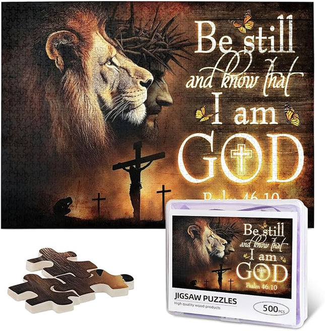 Christian Jigsaw Puzzles 500 Pieces for Adults, Be Still and Know That I Am God Bible Verse with Lion, Religious Wooden Puzzle for Stress Relief, Faith-Based Gift & Wall Decor