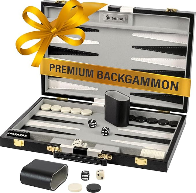 Backgammon Sets for Adults – 15-Inch Black PU Leather Board Game Set – Classic 2-Player Travel Backgammon Set with 32 Playing Pieces, Dice, and Cups
