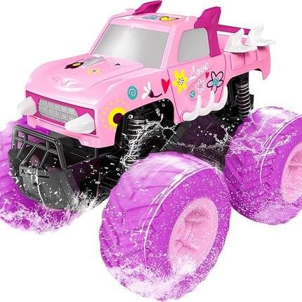 Threeking 1:16 Waterproof Pink RC Monster Truck Toys Amphibious Remote Control Car Pickup 4WD All-Terrain Toy Gift for Girls Ages 6 7 8 9 10 11 12 Durable Off-Road Fun for Indoor & Outdoor Play